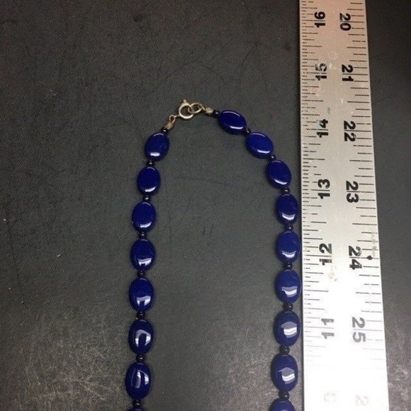 Long Graduated Oval Necklace Navy Blue Silver Hook Smooth Retro Classic - Picture 7 of 7